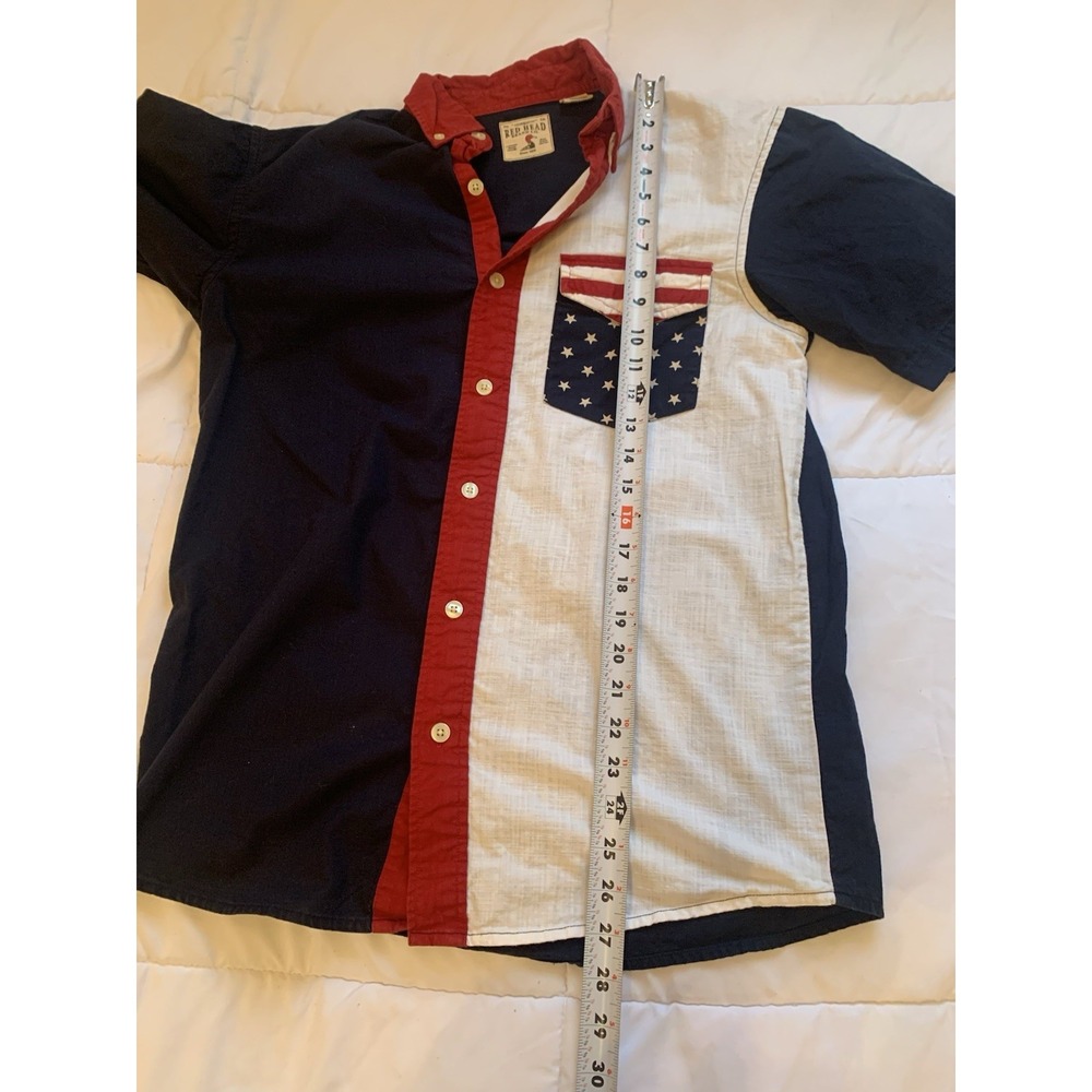Red Head Button Down‎ Short Sleeve Shirt Mens Small American Flag All Over Print - Picture 7 of 10